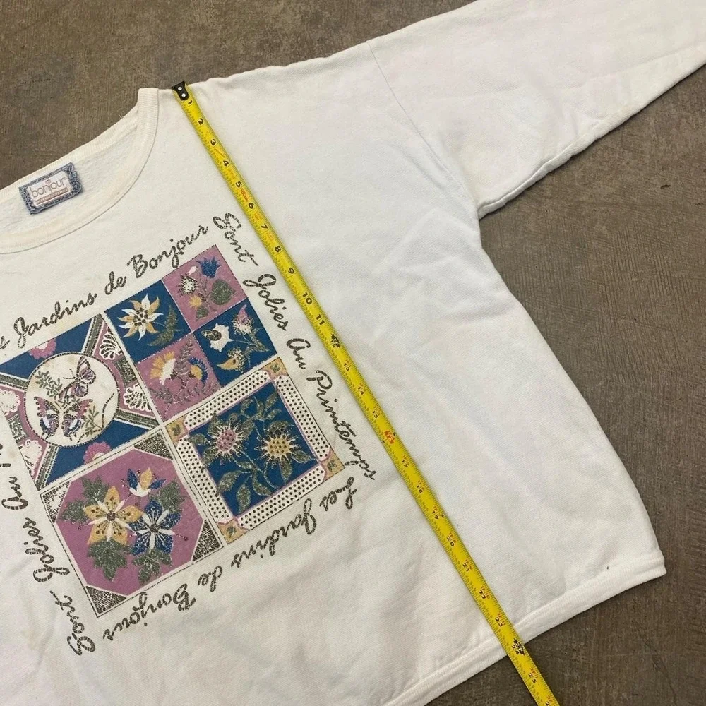 Vintage Bonjour 90 French France Floral Flowers Women's Sweatshirt Crewneck XL